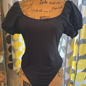 Navy Bodysuit with Puffy Eyelet Lace Sleeves, NWT, size M
